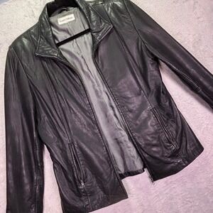 Boston Harbour Womens Jacket Sz L Black Genuine Leather Zip Up Collared Blazer